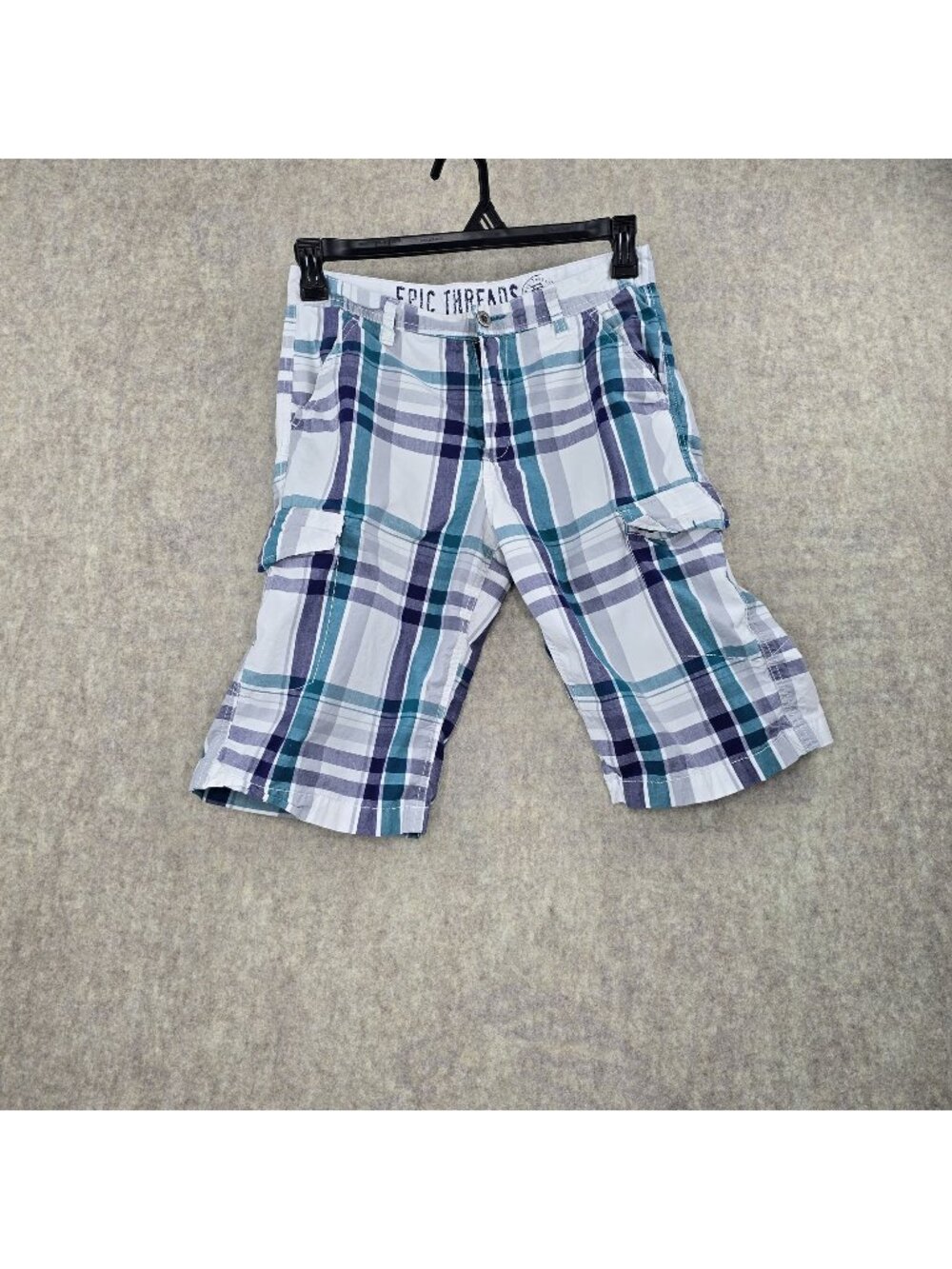 Epic Threads Boys Plaid Cargo Shorts Size 18 Blue & White Cotton Pre-Owned Good